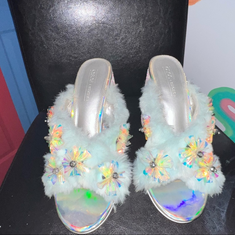 Baby Blue Fur Glitter Heels With Holographic Flowers